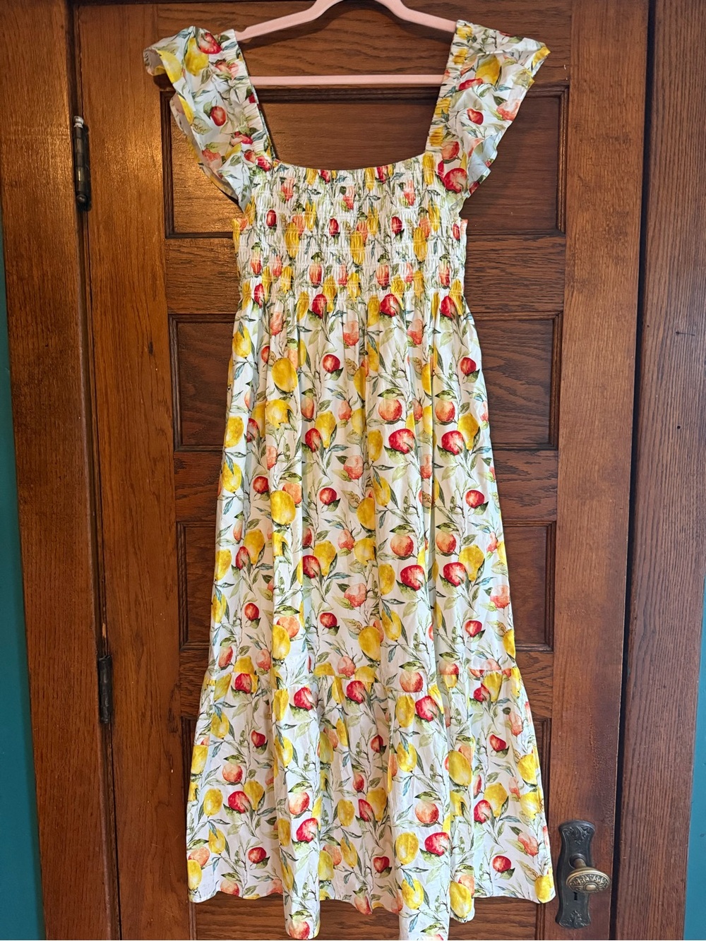 O.P.T 100% Cotton Lemon Print Citrus Midi Dress Tiered Skirt Ruffle Sleeves XL - Picture 2 of 12